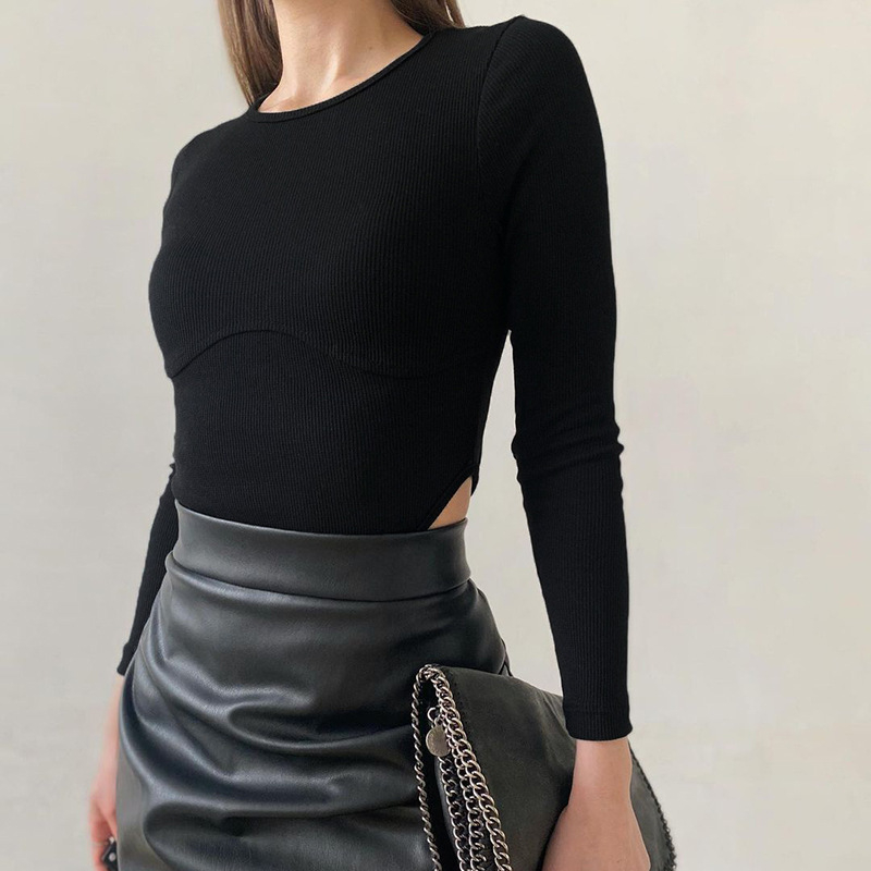 Határokon átnyúló elegáns, kényelmes varrásos talpú, mindenhez illő felső, női, karcsúsított, egyszínű, kerek nyakú, üreges, hosszú ujjú testruhák