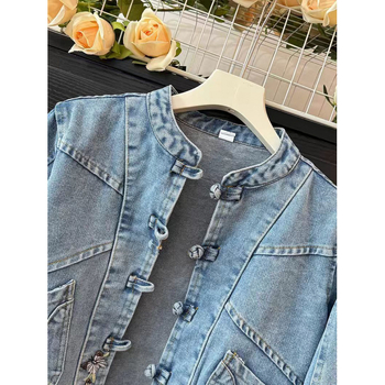 Γυναικείο τζιν μπουφάν Guofeng 2025, νέο, κινέζικο, κεντημένο, αγκράφα, κοντό, ρετρό τοπ