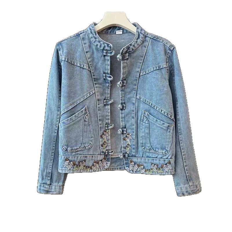 Guofeng női 2025 új kora tavaszi új kínai hímzett csattal dizájn rövid farmer ing dzseki retró felső