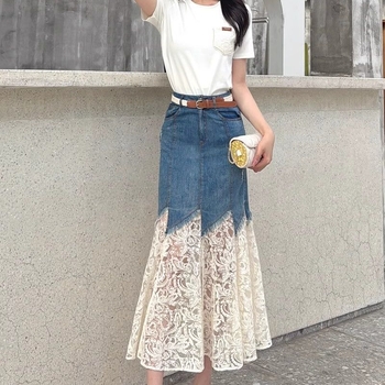 2025-ös nyári stílusú derék karcsúsító divatos csipke illesztésű farmer szoknya francia dizájn szoknya