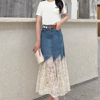 2025-ös nyári stílusú derék karcsúsító divatos csipke illesztésű farmer szoknya francia dizájn szoknya