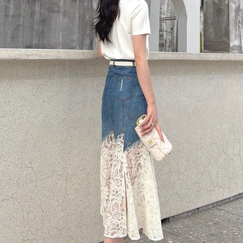 2025-ös nyári stílusú derék karcsúsító divatos csipke illesztésű farmer szoknya francia dizájn szoknya