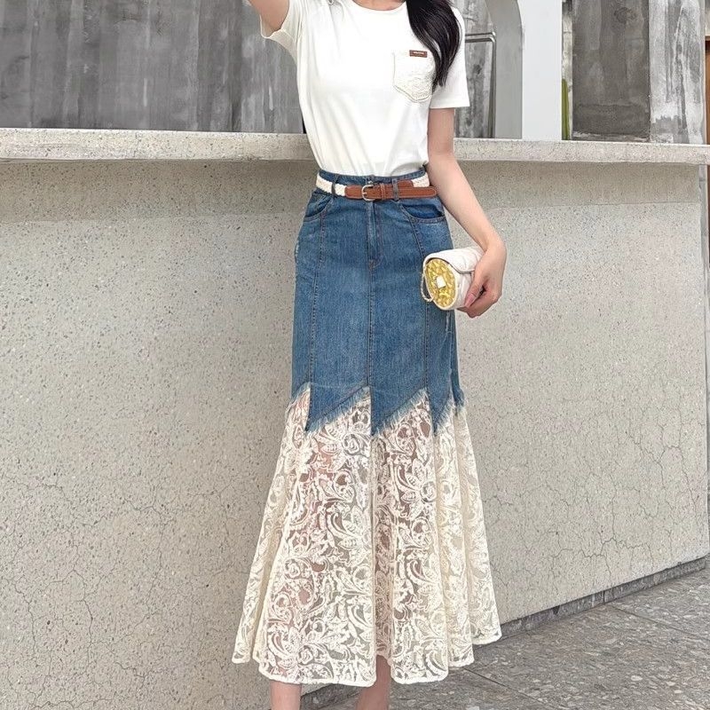 2025-ös nyári stílusú derék karcsúsító divatos csipke illesztésű farmer szoknya francia dizájn szoknya