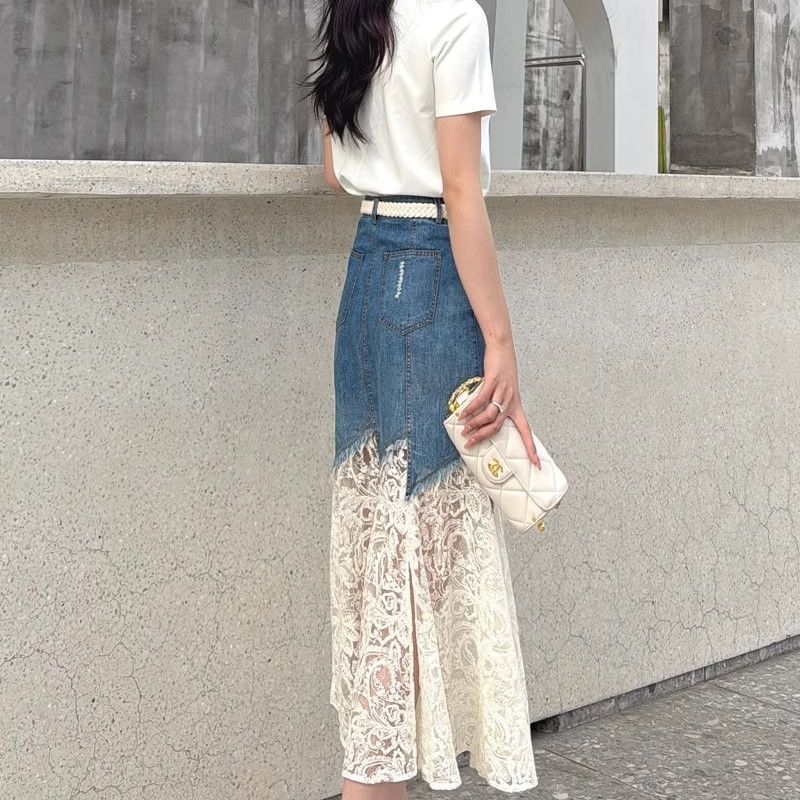 2025-ös nyári stílusú derék karcsúsító divatos csipke illesztésű farmer szoknya francia dizájn szoknya