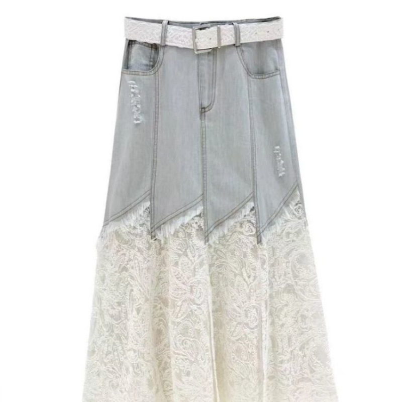 2025-ös nyári stílusú derék karcsúsító divatos csipke illesztésű farmer szoknya francia dizájn szoknya