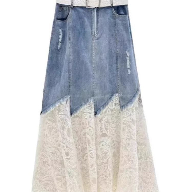 2025-ös nyári stílusú derék karcsúsító divatos csipke illesztésű farmer szoknya francia dizájn szoknya