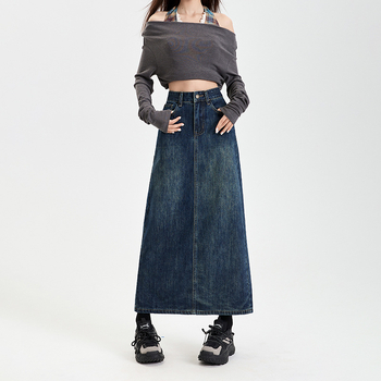 Ρετρό μπλε φούστα τζιν με ψηλή μέση για γυναίκες Άνοιξη και Φθινόπωρο 2025 Νέα φούστα μεσαίου μήκους που αδυνατίζει και αγκαλιάζει τους γοφούς - Σέξι τάση