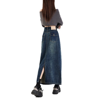 Ρετρό μπλε φούστα τζιν με ψηλή μέση για γυναίκες Άνοιξη και Φθινόπωρο 2025 Νέα φούστα μεσαίου μήκους που αδυνατίζει και αγκαλιάζει τους γοφούς - Σέξι τάση