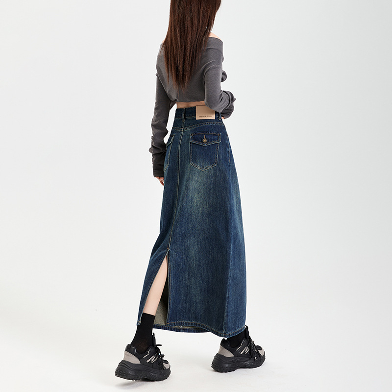 Retro kék, magas derekú farmerszoknya nőknek, 2025 tavasz és ősz, új, középhosszú, karcsúsító, csípőre húzódó szoknya, szexi trend