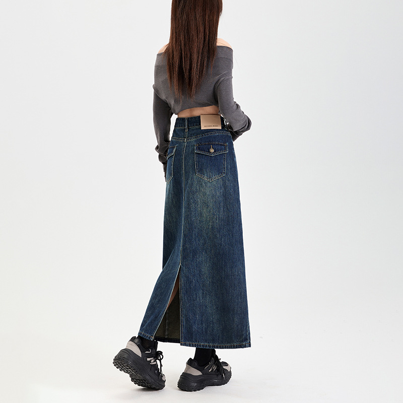 Retro kék, magas derekú farmerszoknya nőknek, 2025 tavasz és ősz, új, középhosszú, karcsúsító, csípőre húzódó szoknya, szexi trend