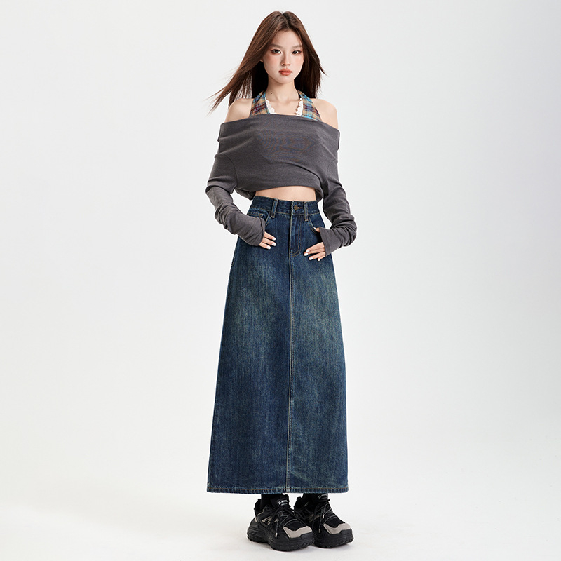 Retro kék, magas derekú farmerszoknya nőknek, 2025 tavasz és ősz, új, középhosszú, karcsúsító, csípőre húzódó szoknya, szexi trend