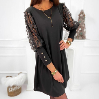 960 # 2021 Európai és Amerikai Új Stílusú Pulóver Tiszta Színű, Középderekú, Városi, Lezser, Csipkés, Kivágott Ujjú, Középhosszúságú Ruha Elegáns Kivágásokkal