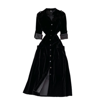 Francuska retro kardigan haljina od zlatnog baršuna s džepovima za mršavljenje u struku, jednostruko kopčanje, 203, dugi crni pulover za jesen i zimu