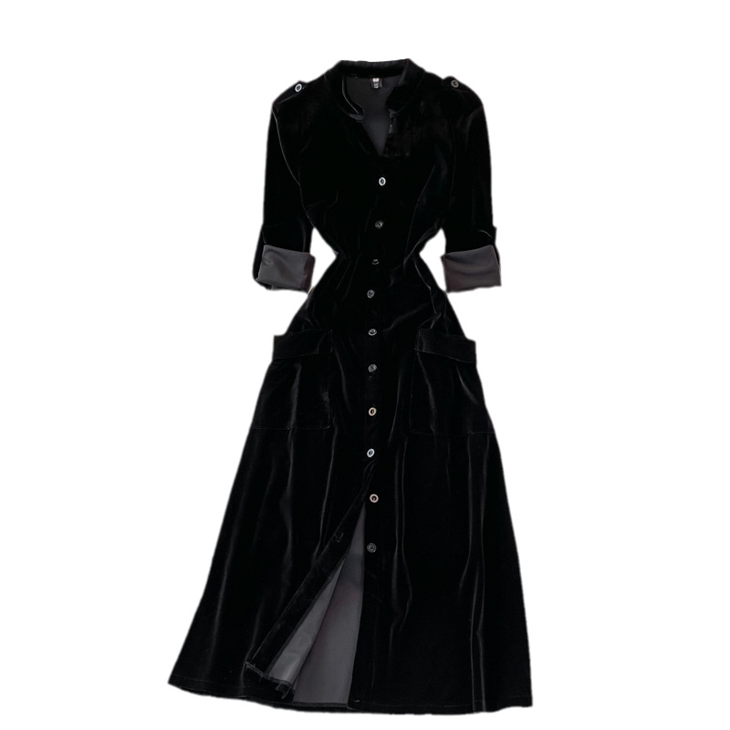 Francuska retro kardigan haljina od zlatnog baršuna s džepovima za mršavljenje u struku, jednostruko kopčanje, 203, dugi crni pulover za jesen i zimu