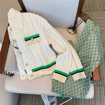 Γυναικείο σετ δύο τεμαχίων με διαρροή, με τσέπες και τσέπες, πρωτότυπο εξωτερικό εμπόριο, μικρό, αρωματικό στυλ, πλεκτό, casual κοστούμι, γυναικείο, φθινοπωρινό, μοντέρνο