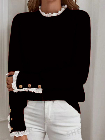 Külkereskedelmi 2025 Őszi Új Női Kötöttáru, Egyetemi Stílusú Laza Kerek Nyakú Hosszú Ujjú Pulóver Csipkecsattal