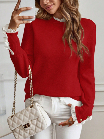 Külkereskedelmi 2025 Őszi Új Női Kötöttáru, Egyetemi Stílusú Laza Kerek Nyakú Hosszú Ujjú Pulóver Csipkecsattal