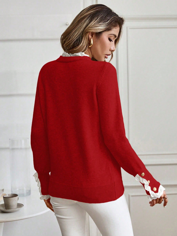 Külkereskedelmi 2025 Őszi Új Női Kötöttáru, Egyetemi Stílusú Laza Kerek Nyakú Hosszú Ujjú Pulóver Csipkecsattal