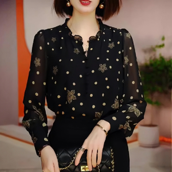 Francia felsőszerű fekete sifon ing 2024 őszi új stílus nagy méretű vékony hosszú ujjú virágmintás ing