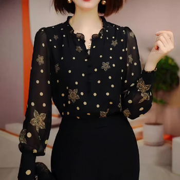 Francia felsőszerű fekete sifon ing 2024 őszi új stílus nagy méretű vékony hosszú ujjú virágmintás ing