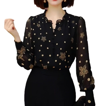 Francia felsőszerű fekete sifon ing 2024 őszi új stílus nagy méretű vékony hosszú ujjú virágmintás ing