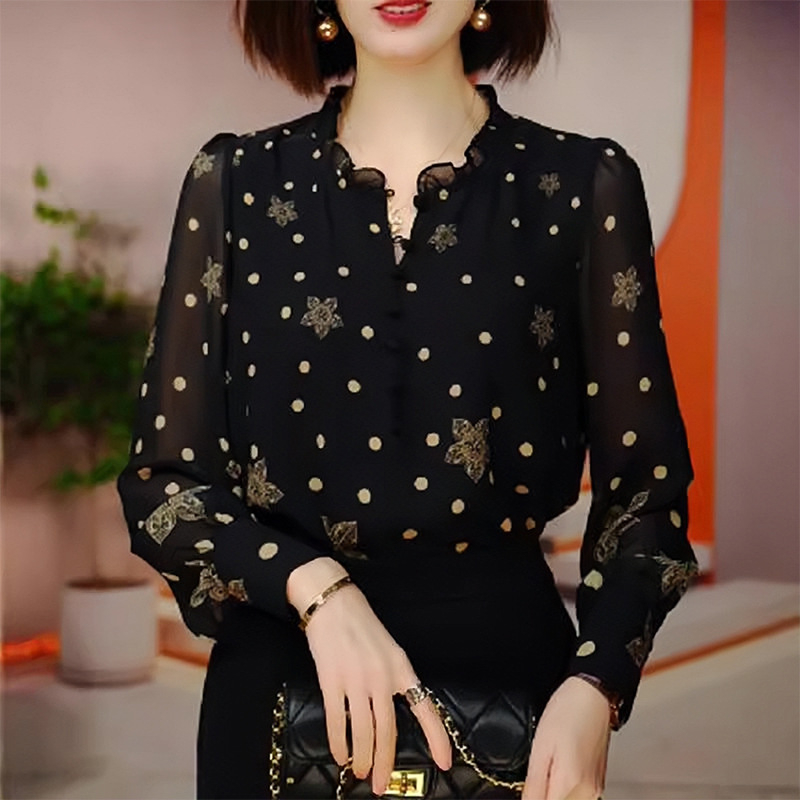 Francia felsőszerű fekete sifon ing 2024 őszi új stílus nagy méretű vékony hosszú ujjú virágmintás ing