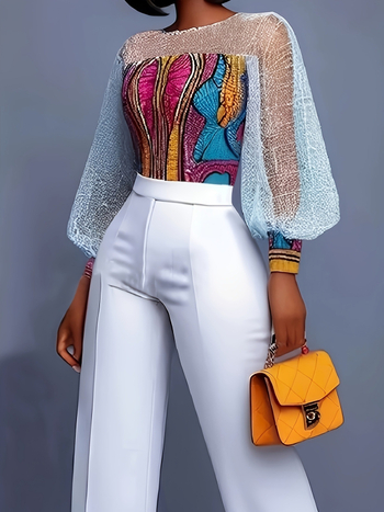 Európai és amerikai ruházati etnikai stílusú nyomtatott felsők hálós varrás átlátszó puffos ujjak karcsúsító megjelenésű retró hosszú ujjú póló