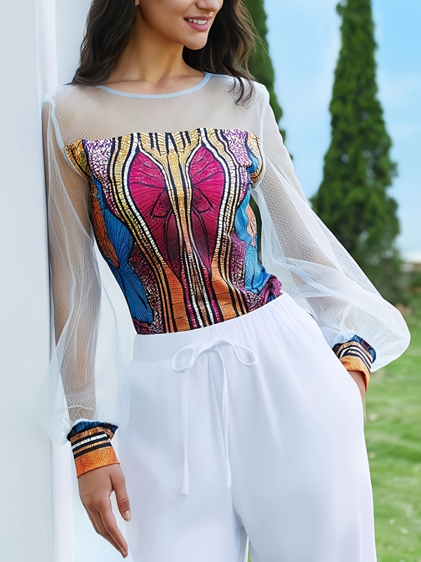 Európai és amerikai ruházati etnikai stílusú nyomtatott felsők hálós varrás átlátszó puffos ujjak karcsúsító megjelenésű retró hosszú ujjú póló