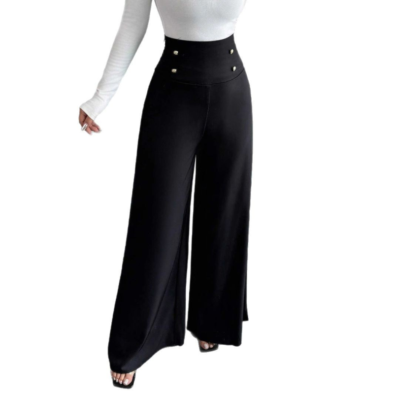 Európai és amerikai határokon átnyúló 2025 tavaszi és nyári dupla mellű, magas derekú, széles szárú, fekete női nadrág, karcsúsított megjelenésű