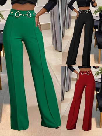 Európai és amerikai határokon átnyúló Amazon Független Állomás Női Új Egyszínű Magas Derekú Fém Csattal Dekoratív Divatos Egyenes Nadrág