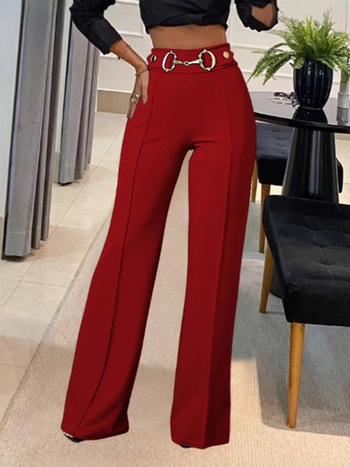 Европейски и американски трансгранични дамски панталони с метална катарама, независима станция на Amazon, нови, плътни, с висока талия и декоративни модни прави панталони