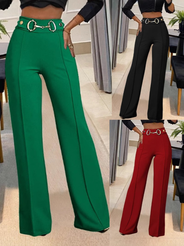 Európai és amerikai határokon átnyúló Amazon Független Állomás Női Új Egyszínű Magas Derekú Fém Csattal Dekoratív Divatos Egyenes Nadrág