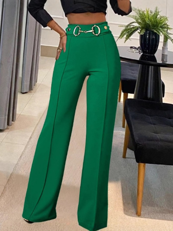 Európai és amerikai határokon átnyúló Amazon Független Állomás Női Új Egyszínű Magas Derekú Fém Csattal Dekoratív Divatos Egyenes Nadrág