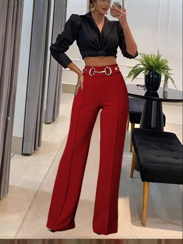 Európai és amerikai határokon átnyúló Amazon Független Állomás Női Új Egyszínű Magas Derekú Fém Csattal Dekoratív Divatos Egyenes Nadrág