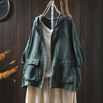 Nyári új, dupla zsebes, kapucnis, lenvászon női ing, hétpontos ujjú, bő, plus size, hétköznapi külső kardigán 90005