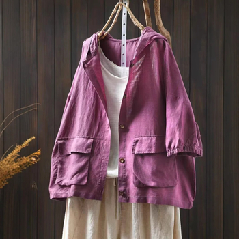 Νέο καλοκαιρινό λινό πουκάμισο με διπλές τσέπες και κουκούλα, γυναικείο, φαρδύ, ζιβάγκο με επτά μανίκια και φαρδιά, casual εξωτερική ζακέτα για μεγάλα μεγέθη 90005