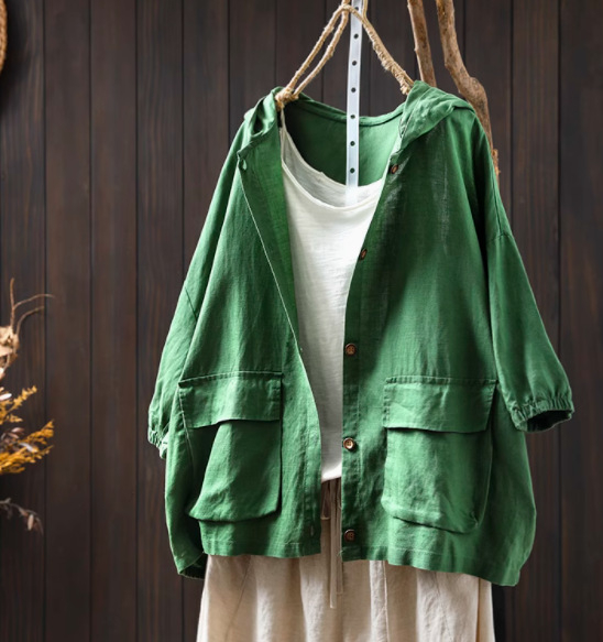 Nyári új, dupla zsebes, kapucnis, lenvászon női ing, hétpontos ujjú, bő, plus size, hétköznapi külső kardigán 90005