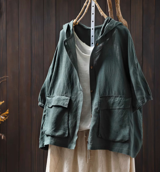 Nyári új, dupla zsebes, kapucnis, lenvászon női ing, hétpontos ujjú, bő, plus size, hétköznapi külső kardigán 90005