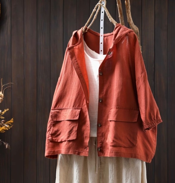 Nyári új, dupla zsebes, kapucnis, lenvászon női ing, hétpontos ujjú, bő, plus size, hétköznapi külső kardigán 90005