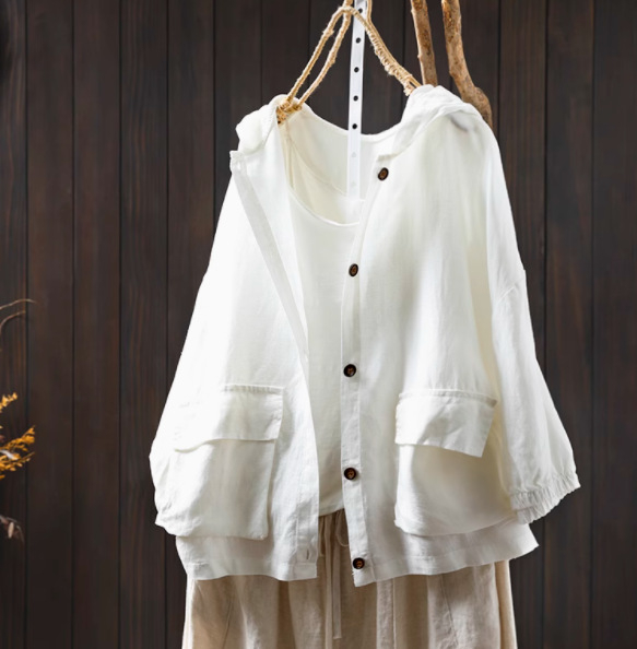 Nyári új, dupla zsebes, kapucnis, lenvászon női ing, hétpontos ujjú, bő, plus size, hétköznapi külső kardigán 90005
