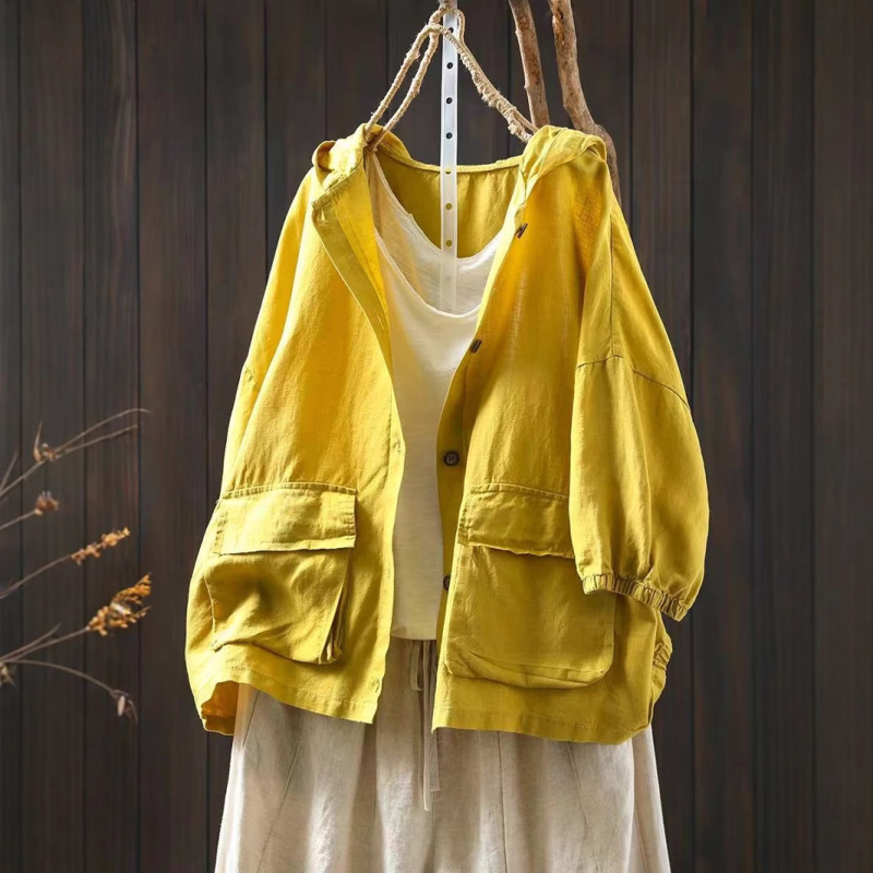 Nyári új, dupla zsebes, kapucnis, lenvászon női ing, hétpontos ujjú, bő, plus size, hétköznapi külső kardigán 90005