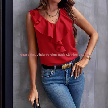 2025-ös európai és amerikai Amazon határokon átnyúló nyári divat, minden mérkőzésre alkalmas új, egyszínű, csipkés, V-nyakú, ujjatlan póló női felső