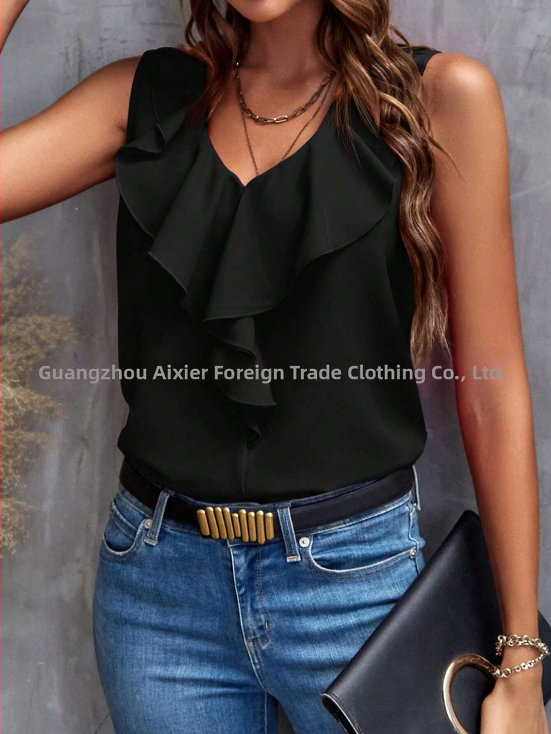 2025-ös európai és amerikai Amazon határokon átnyúló nyári divat, minden mérkőzésre alkalmas új, egyszínű, csipkés, V-nyakú, ujjatlan póló női felső