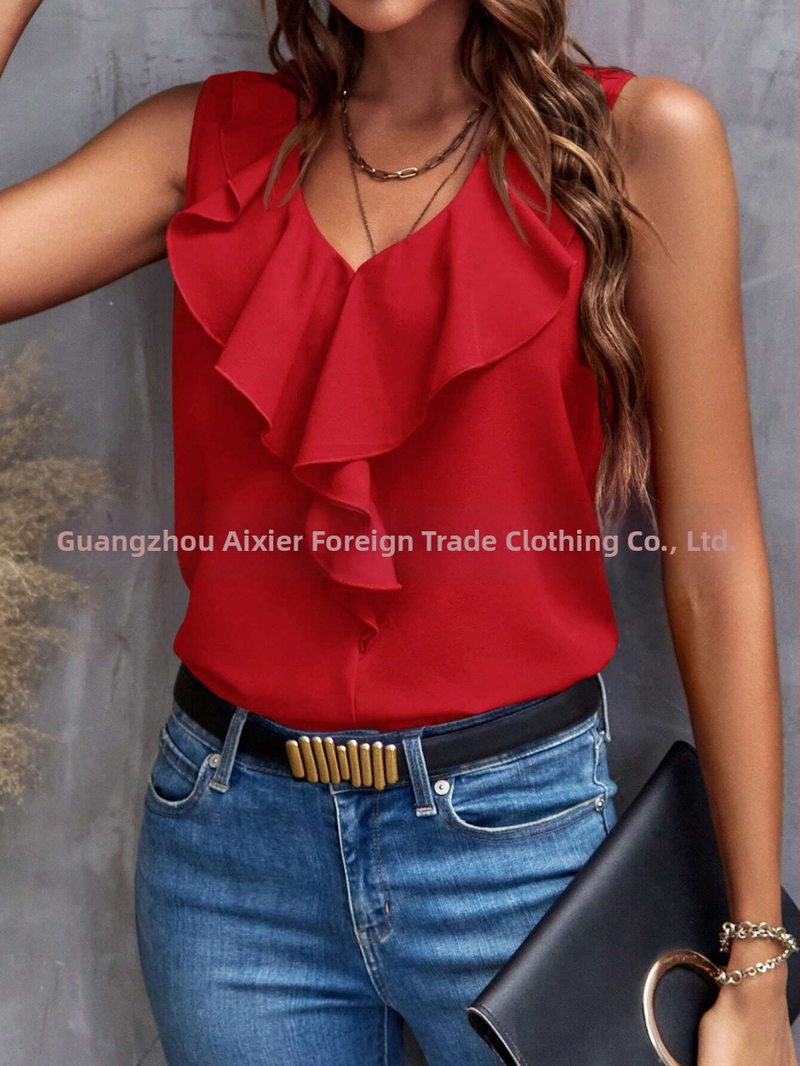 2025-ös európai és amerikai Amazon határokon átnyúló nyári divat, minden mérkőzésre alkalmas új, egyszínű, csipkés, V-nyakú, ujjatlan póló női felső