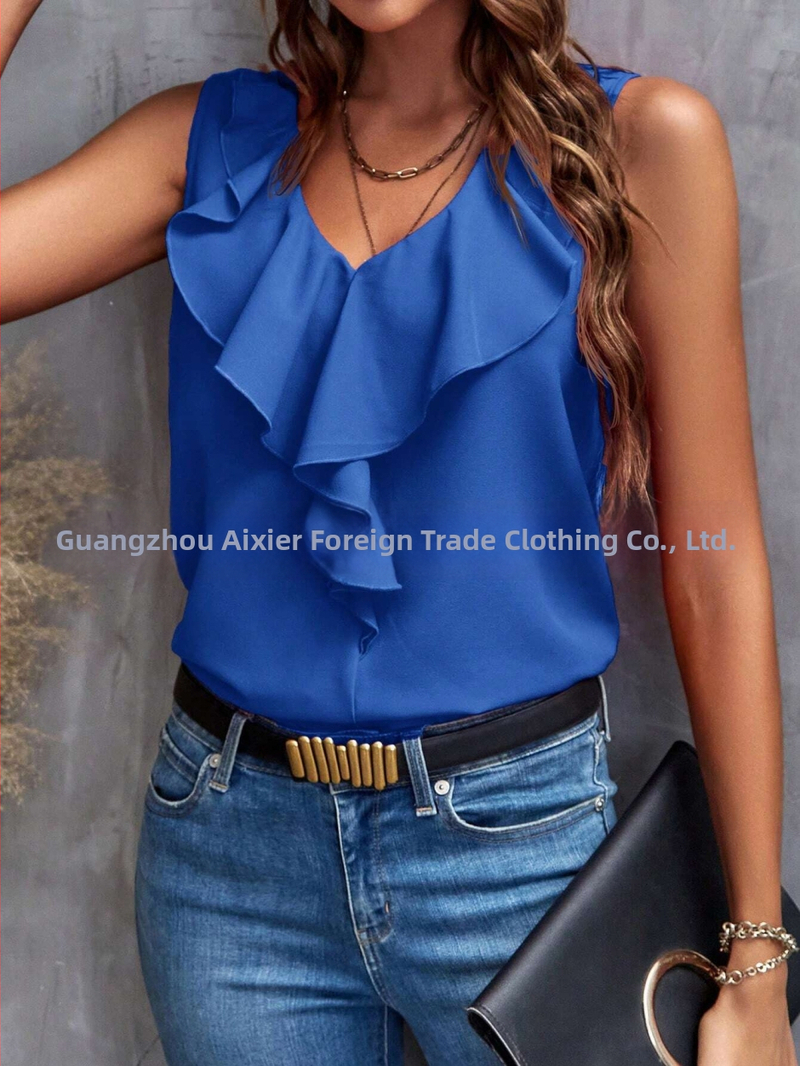 2025-ös európai és amerikai Amazon határokon átnyúló nyári divat, minden mérkőzésre alkalmas új, egyszínű, csipkés, V-nyakú, ujjatlan póló női felső