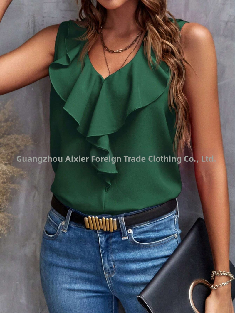 2025-ös európai és amerikai Amazon határokon átnyúló nyári divat, minden mérkőzésre alkalmas új, egyszínű, csipkés, V-nyakú, ujjatlan póló női felső