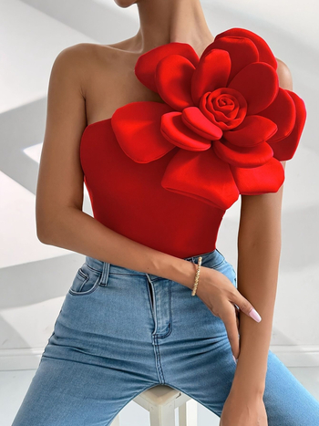 Európai és amerikai női új, elegáns, ferde vállú, ujjatlan, 3D-s, nagy virágmintás, vékony mellény