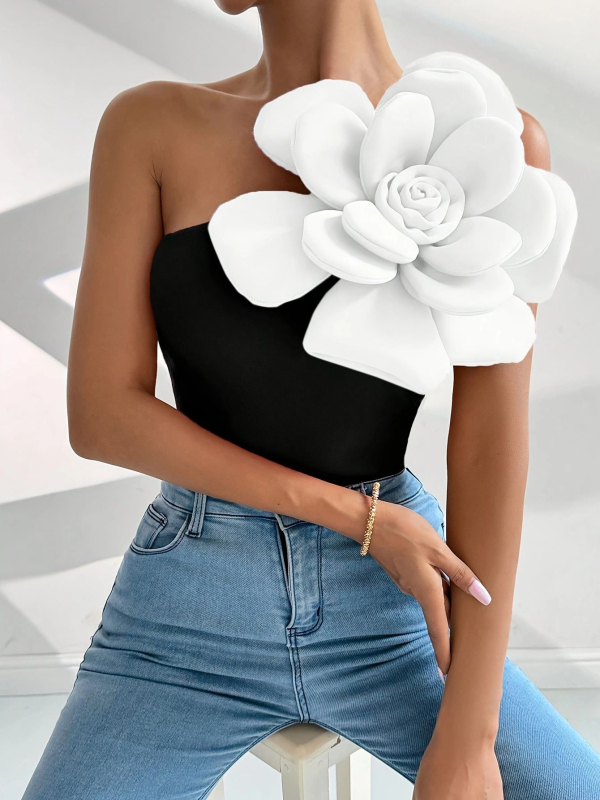 Európai és amerikai női új, elegáns, ferde vállú, ujjatlan, 3D-s, nagy virágmintás, vékony mellény