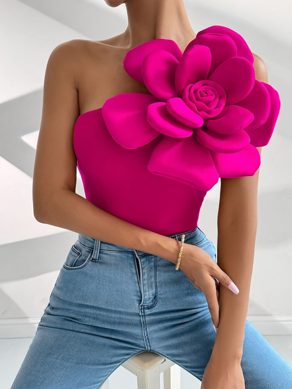 Európai és amerikai női új, elegáns, ferde vállú, ujjatlan, 3D-s, nagy virágmintás, vékony mellény