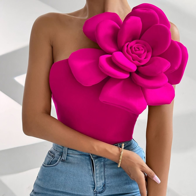 Európai és amerikai női új, elegáns, ferde vállú, ujjatlan, 3D-s, nagy virágmintás, vékony mellény